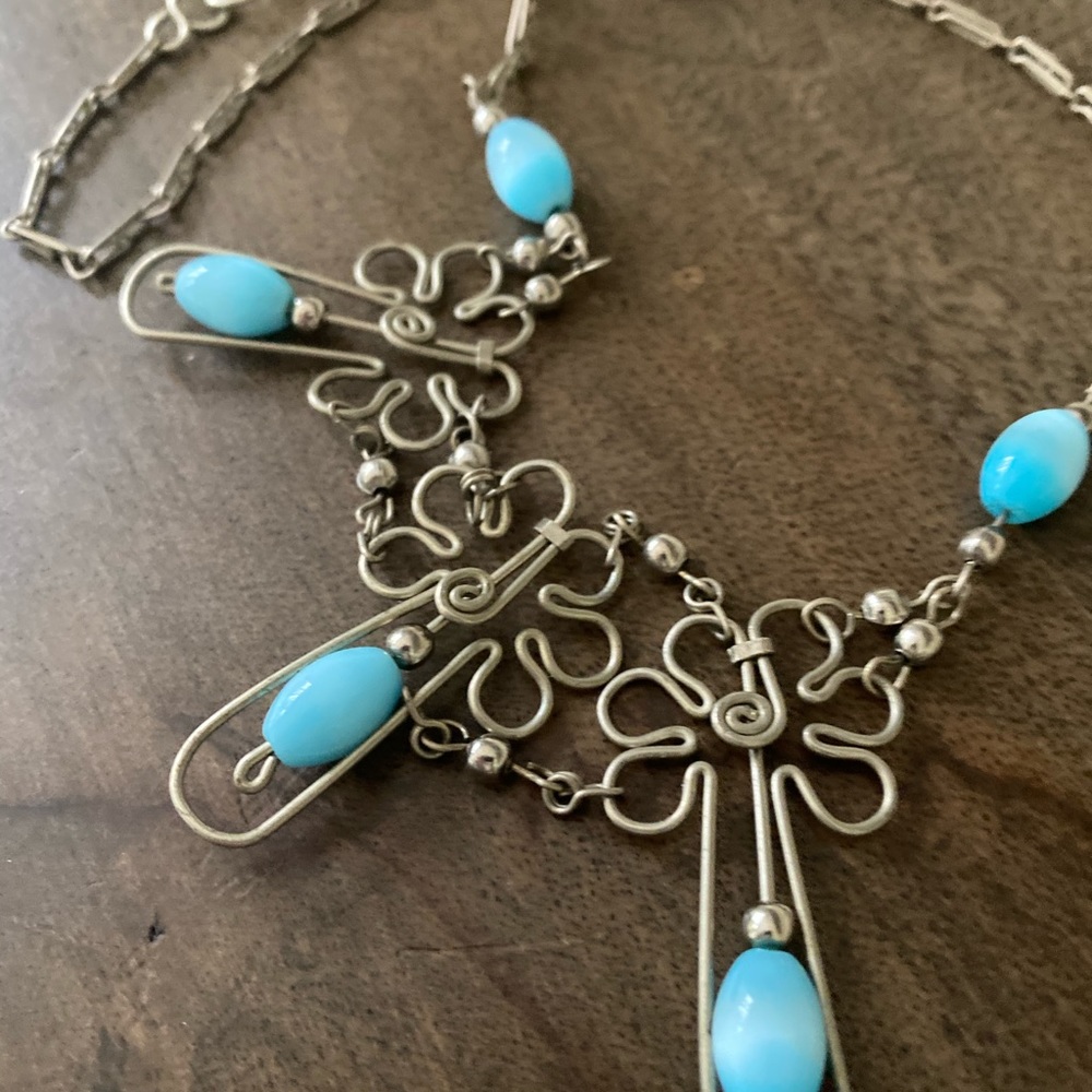 Vintage Floral . Hippie . Beaded Necklace . Light Blue . Glass Beads
